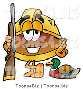 Illustration of a Cartoon Hard Hat Mascot Duck Hunting, Standing with a Rifle and Duck by Toons4Biz