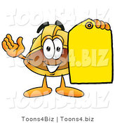 Illustration of a Cartoon Hard Hat Mascot Holding a Yellow Sales Price Tag by Mascot Junction