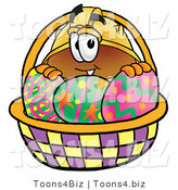 Illustration of a Cartoon Hard Hat Mascot in an Easter Basket Full of Decorated Easter Eggs by Mascot Junction