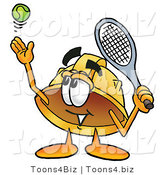 Illustration of a Cartoon Hard Hat Mascot Preparing to Hit a Tennis Ball by Toons4Biz