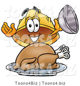 Illustration of a Cartoon Hard Hat Mascot Serving a Thanksgiving Turkey on a Platter by Mascot Junction