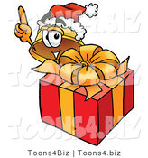 Illustration of a Cartoon Hard Hat Mascot Standing by a Christmas Present by Mascot Junction