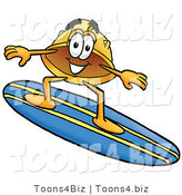 Illustration of a Cartoon Hard Hat Mascot Surfing on a Blue and Yellow Surfboard by Mascot Junction