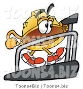 Illustration of a Cartoon Hard Hat Mascot Walking on a Treadmill in a Fitness Gym by Mascot Junction