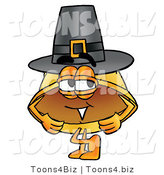 Illustration of a Cartoon Hard Hat Mascot Wearing a Pilgrim Hat on Thanksgiving by Mascot Junction