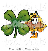 Illustration of a Cartoon Hard Hat Mascot with a Green Four Leaf Clover on St Paddy's or St Patricks Day by Mascot Junction