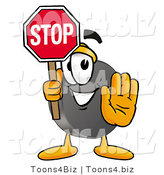 Illustration of a Cartoon Hockey Puck Mascot Holding a Stop Sign by Mascot Junction