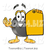 Illustration of a Cartoon Hockey Puck Mascot Holding a Yellow Sales Price Tag by Mascot Junction