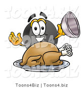 Illustration of a Cartoon Hockey Puck Mascot Serving a Thanksgiving Turkey on a Platter by Mascot Junction