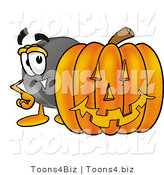 Illustration of a Cartoon Hockey Puck Mascot with a Carved Halloween Pumpkin by Mascot Junction