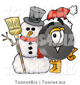 Illustration of a Cartoon Hockey Puck Mascot with a Snowman on Christmas by Mascot Junction