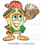 Illustration of a Cartoon House Mascot Catching a Baseball with a Glove by Mascot Junction