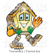 Illustration of a Cartoon House Mascot Hiking and Carrying a Backpack by Mascot Junction