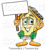 Illustration of a Cartoon House Mascot Holding a Blank Sign by Mascot Junction