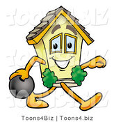 Illustration of a Cartoon House Mascot Holding a Bowling Ball by Mascot Junction