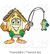 Illustration of a Cartoon House Mascot Holding a Fish on a Fishing Pole by Mascot Junction