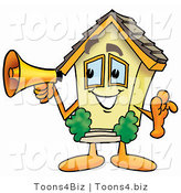 Illustration of a Cartoon House Mascot Holding a Megaphone by Mascot Junction
