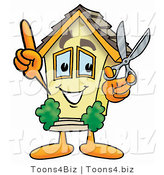 Illustration of a Cartoon House Mascot Holding a Pair of Scissors by Mascot Junction