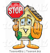 Illustration of a Cartoon House Mascot Holding a Stop Sign by Mascot Junction