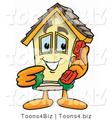 Illustration of a Cartoon House Mascot Holding a Telephone by Mascot Junction