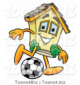 Illustration of a Cartoon House Mascot Kicking a Soccer Ball by Mascot Junction