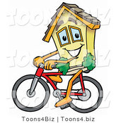 Illustration of a Cartoon House Mascot Riding a Bicycle by Mascot Junction