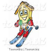 Illustration of a Cartoon House Mascot Skiing Downhill by Mascot Junction
