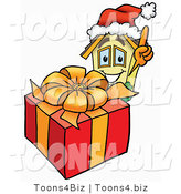 Illustration of a Cartoon House Mascot Standing by a Christmas Present by Mascot Junction