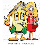 Illustration of a Cartoon House Mascot Talking to a Pretty Blond Woman by Mascot Junction