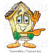 Illustration of a Cartoon House Mascot Waving and Pointing by Mascot Junction