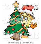 Illustration of a Cartoon House Mascot Waving and Standing by a Decorated Christmas Tree by Mascot Junction