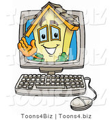 Illustration of a Cartoon House Mascot Waving from Inside a Computer Screen by Mascot Junction
