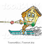 Illustration of a Cartoon House Mascot Waving While Water Skiing by Mascot Junction