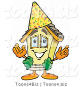 Illustration of a Cartoon House Mascot Wearing a Birthday Party Hat by Mascot Junction