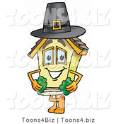 Illustration of a Cartoon House Mascot Wearing a Pilgrim Hat on Thanksgiving by Mascot Junction