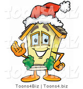 Illustration of a Cartoon House Mascot Wearing a Santa Hat and Waving by Mascot Junction