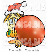 Illustration of a Cartoon House Mascot Wearing a Santa Hat, Standing with a Christmas Bauble by Mascot Junction