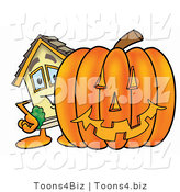 Illustration of a Cartoon House Mascot with a Carved Halloween Pumpkin by Mascot Junction