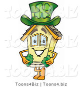 Illustration of a Cartoon House Mascot with a Green Four Leaf Clover on St Paddy's or St Patricks Day by Mascot Junction