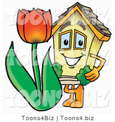 Illustration of a Cartoon House Mascot with a Red Tulip Flower in the Spring by Mascot Junction