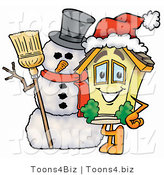 Illustration of a Cartoon House Mascot with a Snowman on Christmas by Mascot Junction