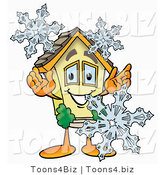 Illustration of a Cartoon House Mascot with Three Snowflakes in Winter by Mascot Junction