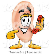 Illustration of a Cartoon Human Ear Mascot Holding a Telephone by Toons4Biz