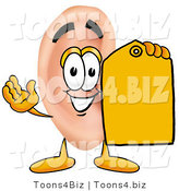 Illustration of a Cartoon Human Ear Mascot Holding a Yellow Sales Price Tag by Mascot Junction