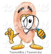 Illustration of a Cartoon Human Ear Mascot Looking Through a Magnifying Glass by Mascot Junction