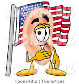 Illustration of a Cartoon Human Ear Mascot Pledging Allegiance to an American Flag by Toons4Biz