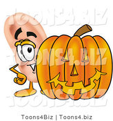Illustration of a Cartoon Human Ear Mascot with a Carved Halloween Pumpkin by Toons4Biz