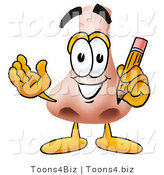 Illustration of a Cartoon Human Nose Mascot Holding a Pencil by Mascot Junction
