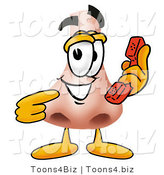 Illustration of a Cartoon Human Nose Mascot Holding a Telephone by Toons4Biz