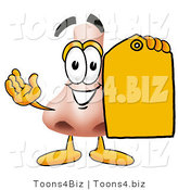 Illustration of a Cartoon Human Nose Mascot Holding a Yellow Sales Price Tag by Toons4Biz
